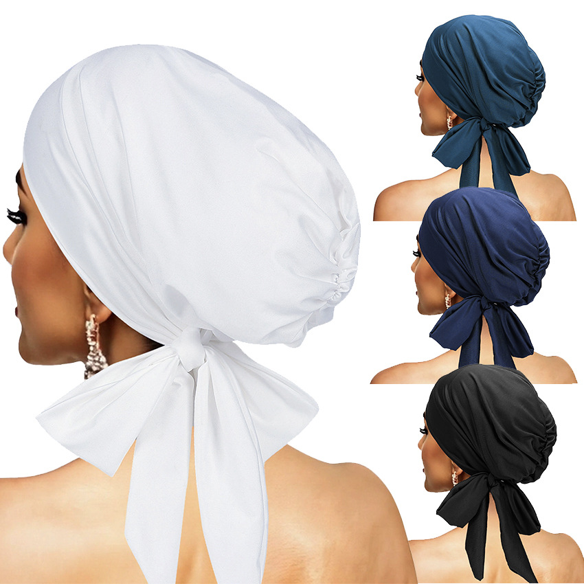 Solid Color Ribbon Headscarf Hat for Women with Bow Tie, Fashionable European and American Style Hair Protection Sleep Cap, Cross-Border Best-Selling Item