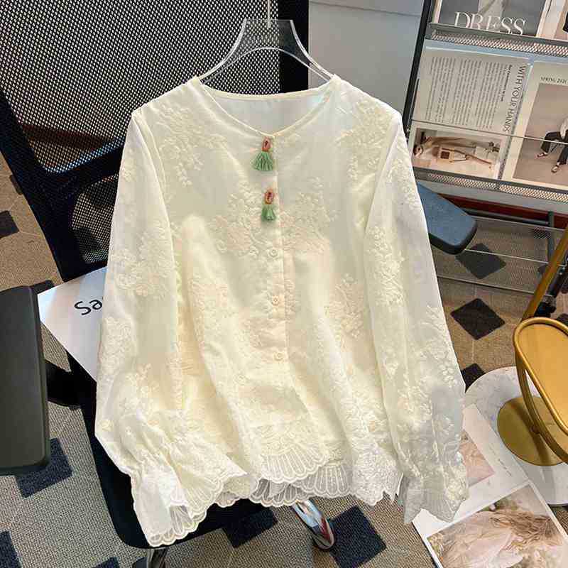 2025 Early Spring New Style New Chinoiserie Jacquard Embroidered Lace Shirt Long-Sleeved Shirt Top Boutique Women's Spandex