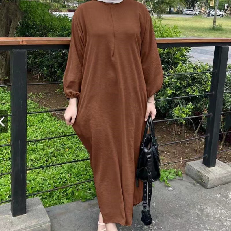 Cross-border Middle Eastern Muslim New Women's Puff Sleeve Solid Color Vest Robe, Ladies' Casual Loose Long Dress In_ecoleips.com