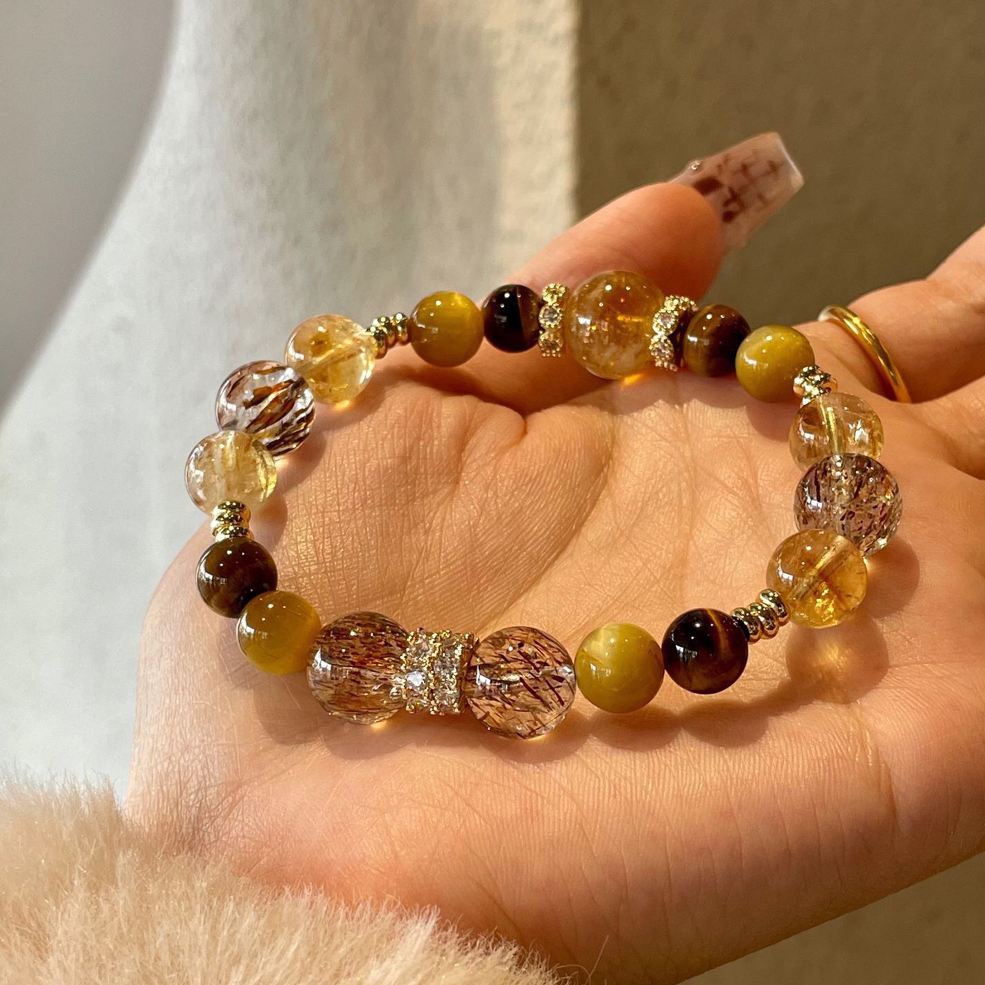Jinba Grand Comprehensive Natural Yellow Tower Crystal Bracelet, Women's Gold Tiger Eye Crystal Bracelet, Black Gold Super Seven Crystal Bracelet, 256 undefined