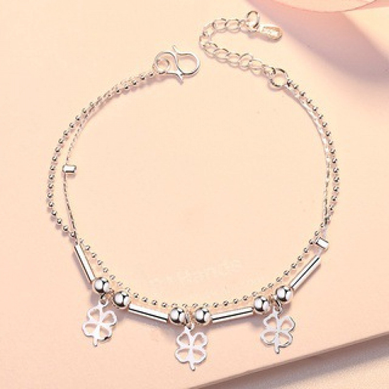 WYF107-Holved Four-Leaf Crop Silver Bead Pipe Bracelet #SZ006