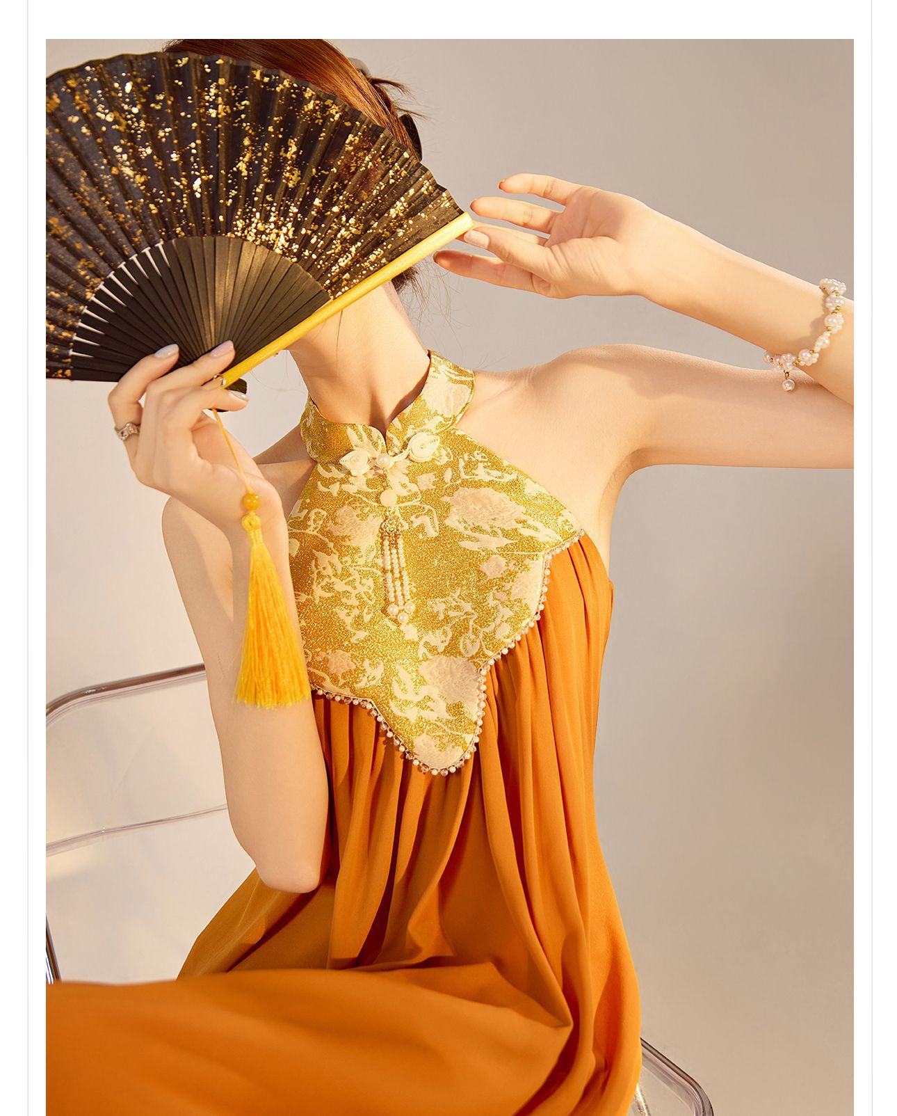 Váy dài cổ qipao thiết kế sang trọng mùa xuân hè — Màu cam, Màu mơ chi tiết 4
