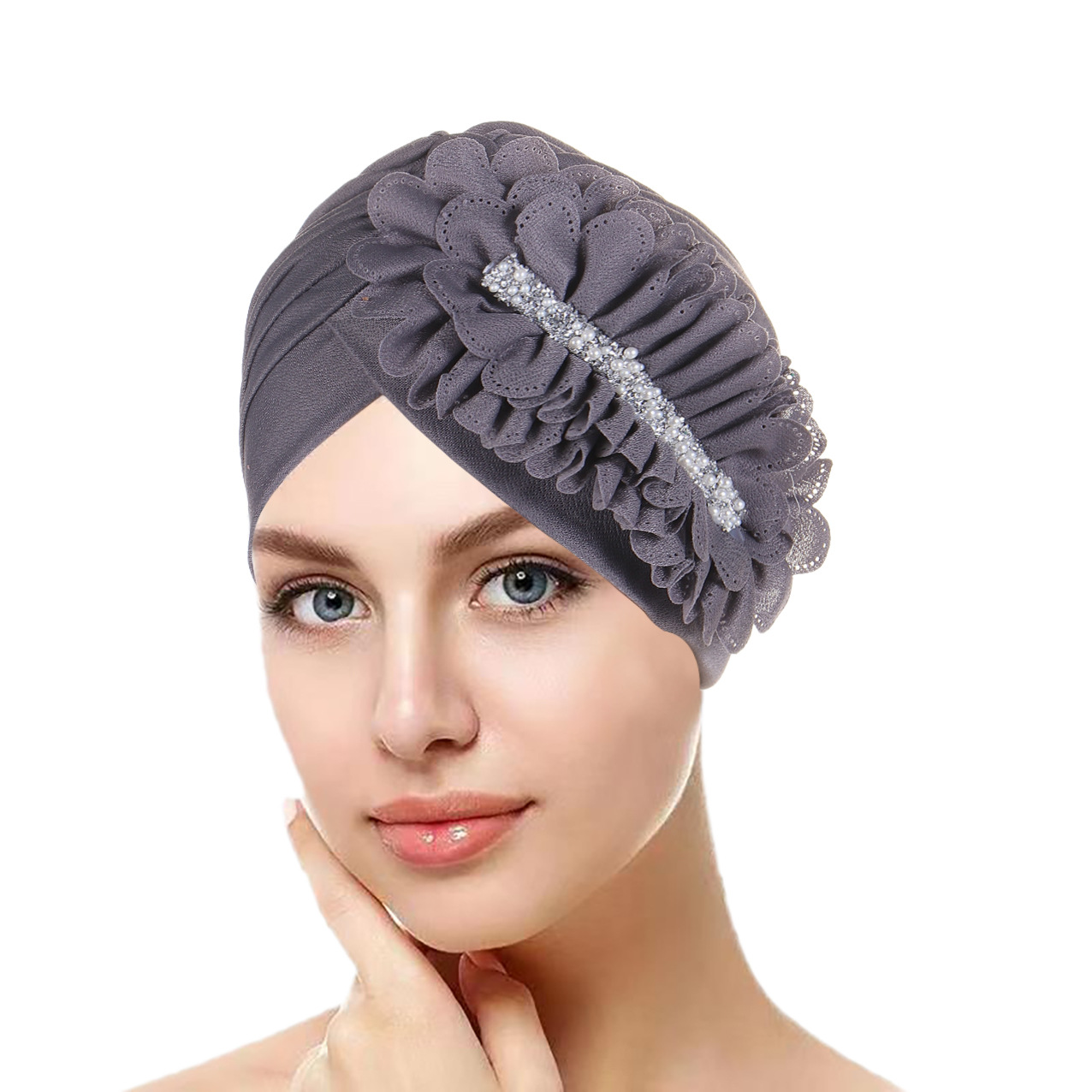 new solid color turban hat with diamond appliqués on the side Women's market turban hat_voghion.com