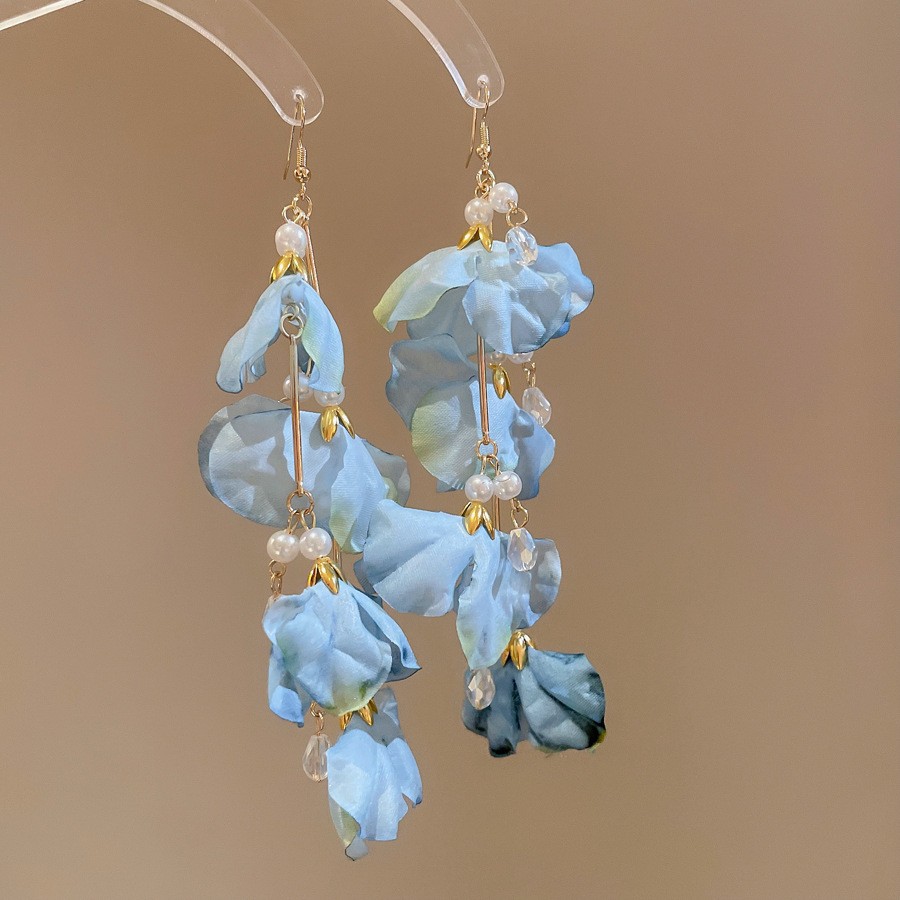 Pendientes de borla de cuentas de arroz de flor de gasa de aguja de plata Pendientes de todo fósforo de estilo de vacaciones Pendientes frescos y dulces para mujer