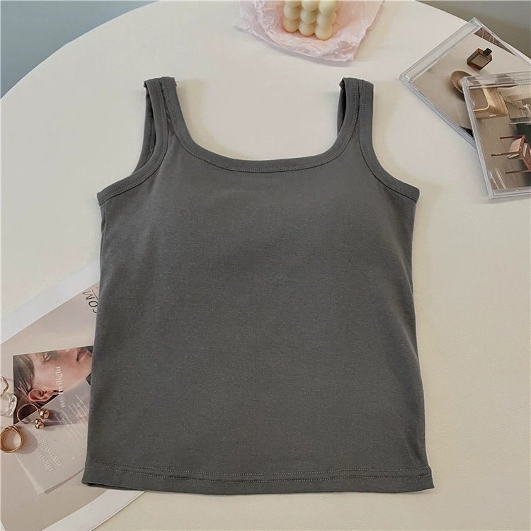 Cotton Sleeveless Tank Top (Women) with Built-in Cups, Square Neckline, Slim Fit, One Size