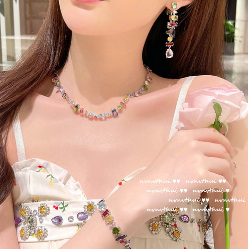Lolita Garden Rainbow Gem Necklace, Rouge Magenta, 18K gold-plated candy colored gemstone, special-shaped zircon bracelet