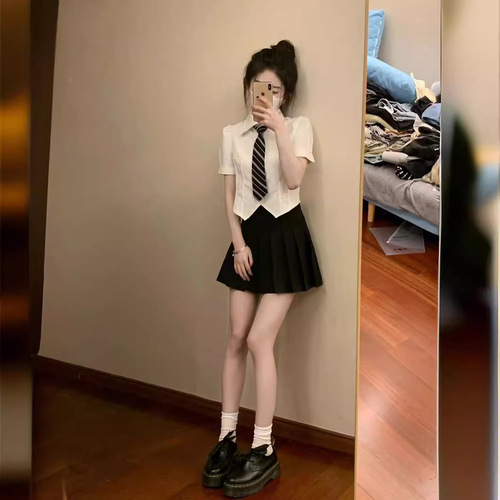 JK Uniform Set Academic StyleWaist-CinchedWhite Shirt for WomenShort SleeveDesign-FocusedNicheSlimmingFittingFoot Bath Collar