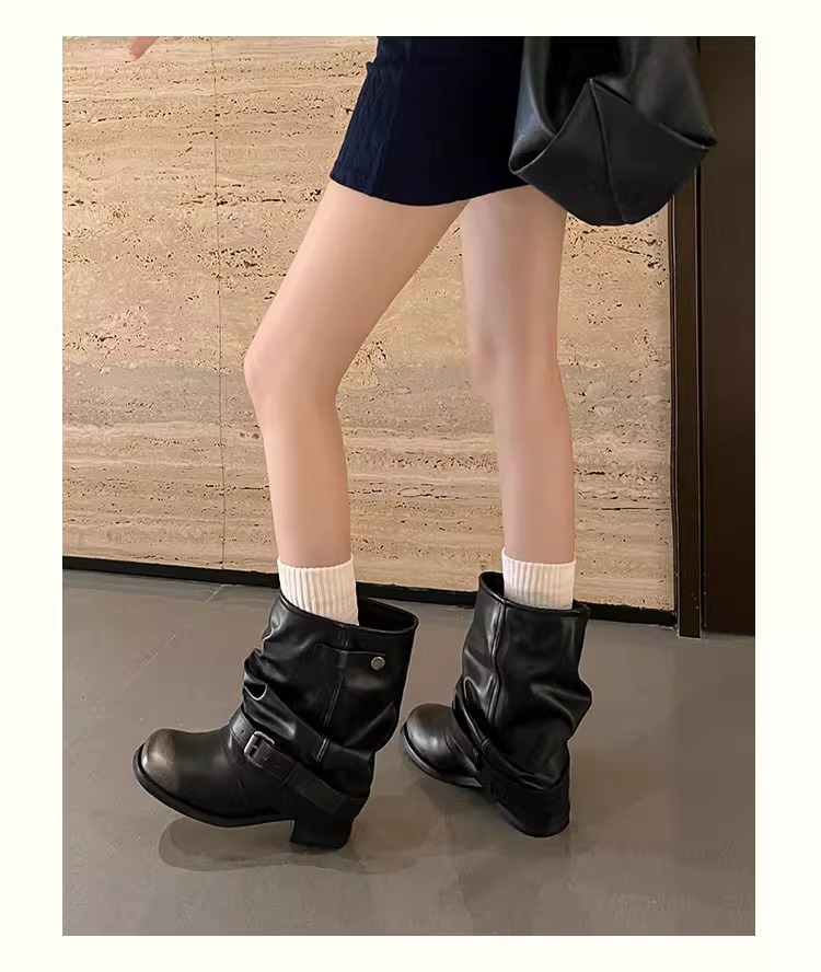 Wide-leg Stacked Pleated Cuff Western Cowboy Chunky Heel Riding Short Boots 2025 Fall/Winter New Style Fashionable And Versatile_voghion.com