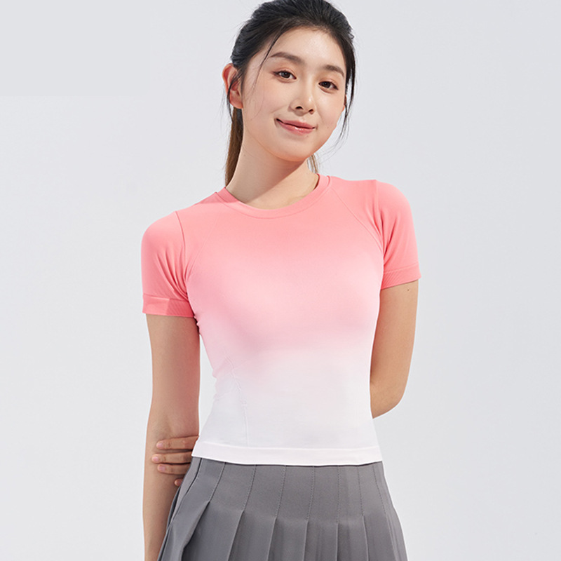 Verano nuevo deporte frío gradiente al aire libre yoga acondicionamiento físico mangas cortas delgado running overhead camiseta