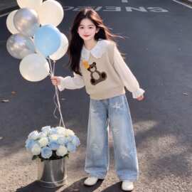 学院风女童可爱小熊马甲甜美韩系娃娃领衬衫百搭星星牛仔裤套装潮