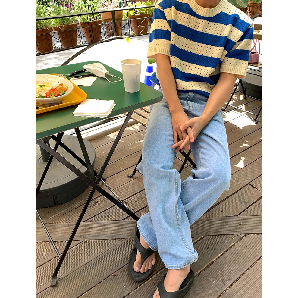 Verano nuevo estilo suéter de manga corta hueco rayas para hombres camiseta casual de negocios delgada de alto nivel comercio exterior al por mayor transfronterizo