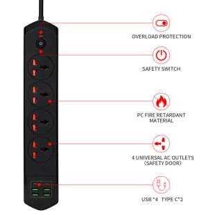 E-Commerce hot products foreign trade for 4 high-power plug-in overload function extension line plug-in TYPEC fast charging