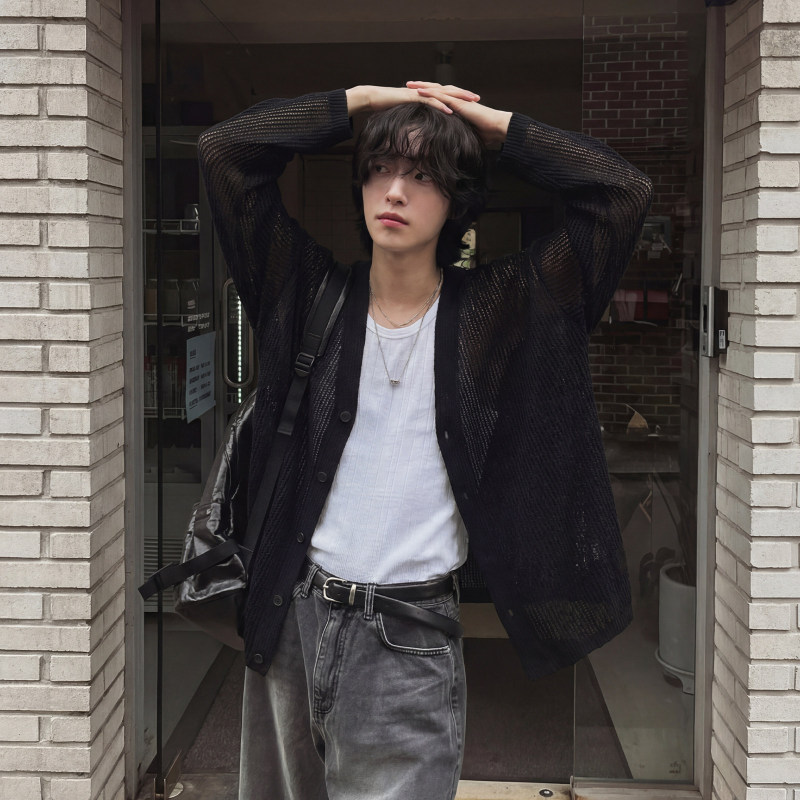 Davidme Black Knitted Fishnet V-Neck Cardigan Sun Protection Jacket Men's Spring and Summer Trendy Cut Out Resort Style Shirt