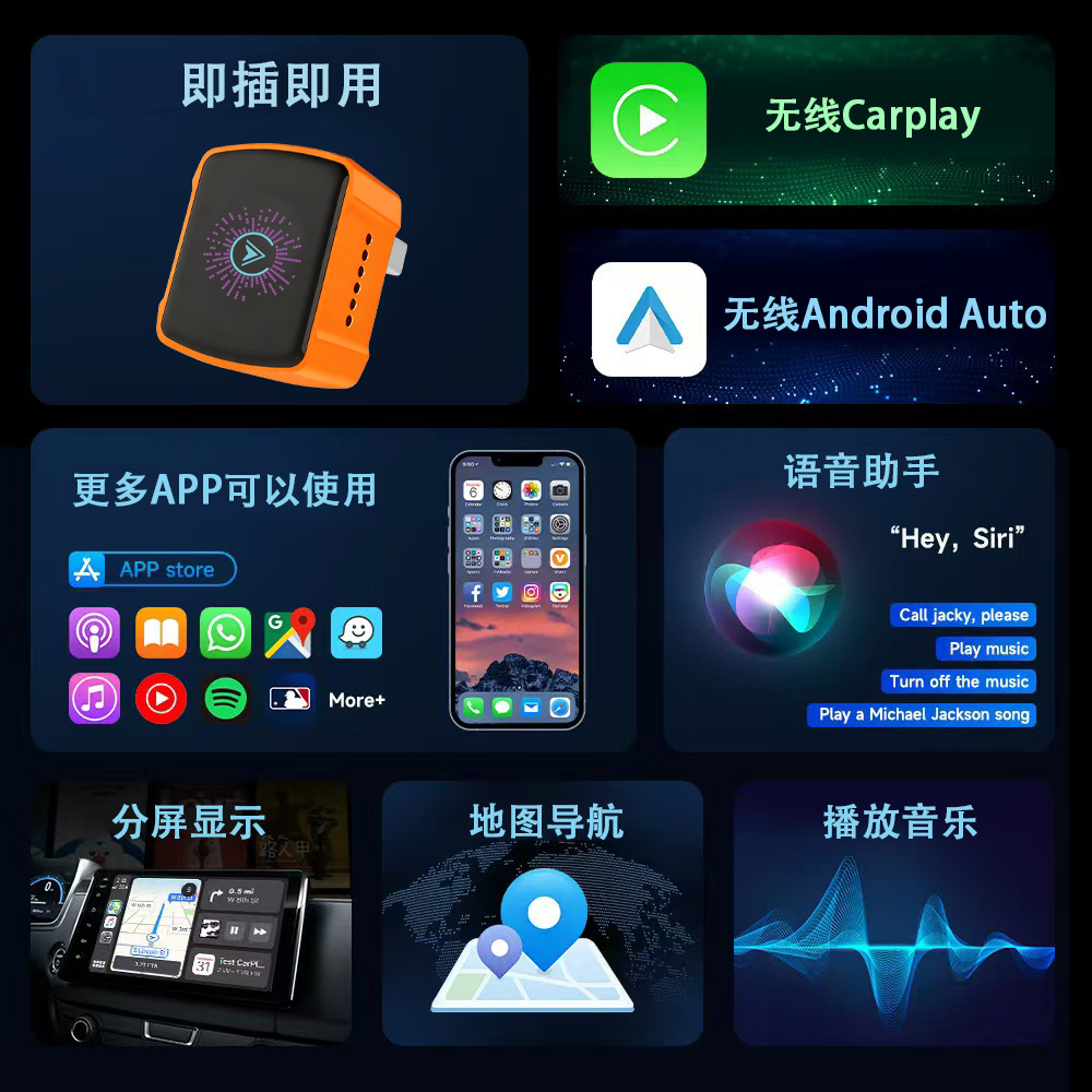 2026 Model Wireless Carplay Box with Rgb Colorful Lights, Android Auto Two-In-One Wired to Wireless Adapter