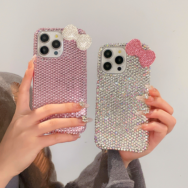 Girls Bow Rhinestone Suitable for Apple 16 Mobile Phone Case Full of Diamonds Iphone17Pro Max Luxury Case 15