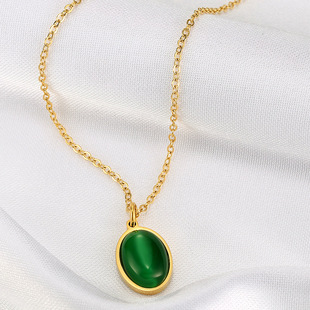 Korean Style Elegant Ins Trendy Row Oval Green Zircon Pendant Women's Necklace All-Match College Style Titanium Steel Jewelry