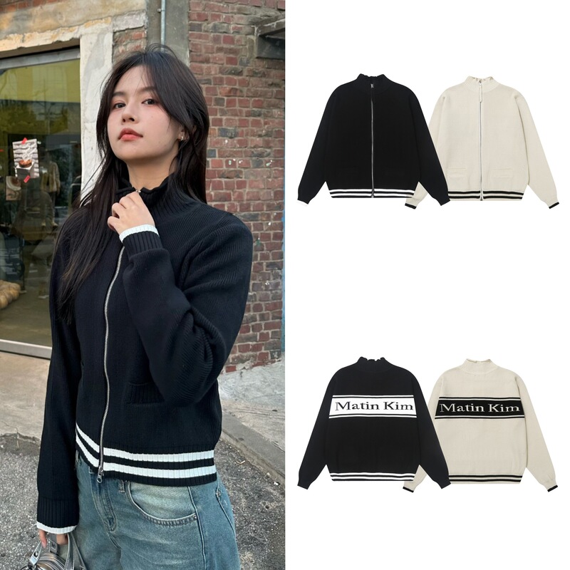 Matin Kim Jacquard Letter Zipper Long-Sleeved Knitted Jacket Sweater Top Korean Niche Autumn and Winter Cardigan Matin Kim Jacquard Letter Zipper Long-Sleeved Knitted Jacket Sweater Top Korean Niche Autumn and Winter Cardigan