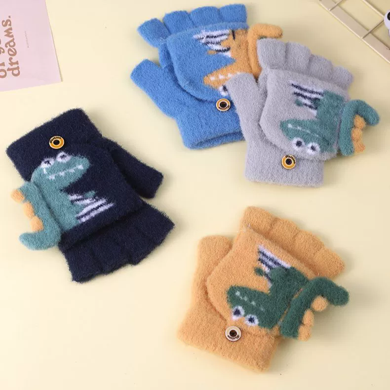Горячая распродажа: зимние перчатки для детей 3-9 лет, милый дизайн с динозаврами, теплые полупальцевые перчатки с дополнительной защитой для мальчиков и девочек.