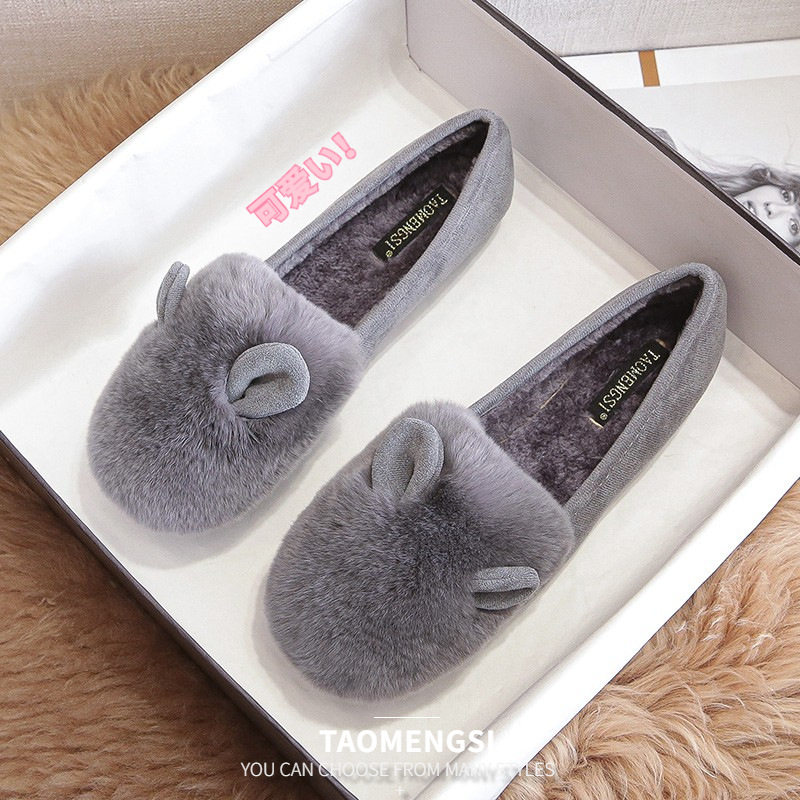 Giày búp bê nữ lông xù đi ngoài mùa đông, đế bằng mềm, lót nhung lông thỏ, mũi tròn, form rộng — Màu xám, Màu đen