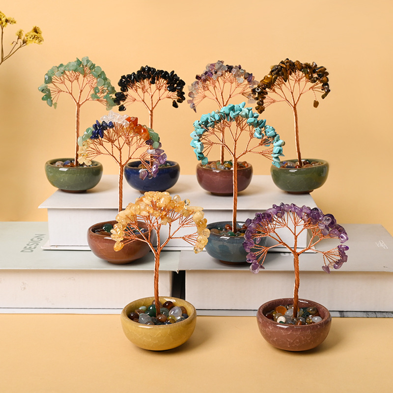 Yohei, Auspicious Tree, Crystal Stone, Amethyst, Rose Quartz, Height 13cm, Enhances Feng Shui, Good Fortune, Wealth, Auspicious Items for Home Decoration.