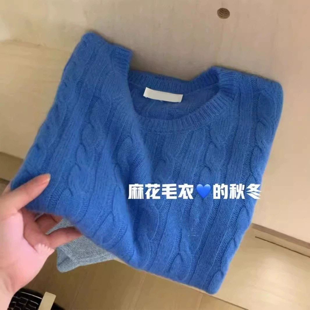 Мягкий и пушистый свитер крупной вязки цвета «клин-синий» для женщин, новинка осенне-зимнего сезона, стиль для трансграничной торговли, повседневный вязаный топ для женщин.