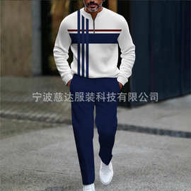 2025欧美亚马逊新款半开门襟拉链套头休闲时尚男士长袖长裤套装