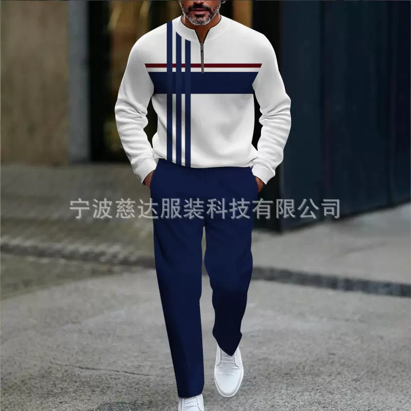 2025欧美亚马逊新款半开门襟拉链套头休闲时尚男士长袖长裤套装