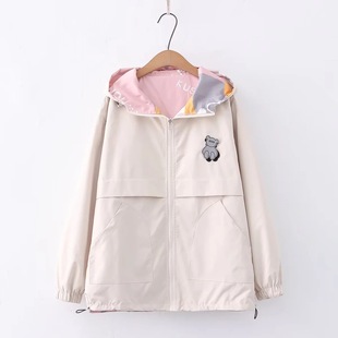 Autumn Department College Style Cartoon Bear Print Two-sided Hooded Student Coat Women's Little Top