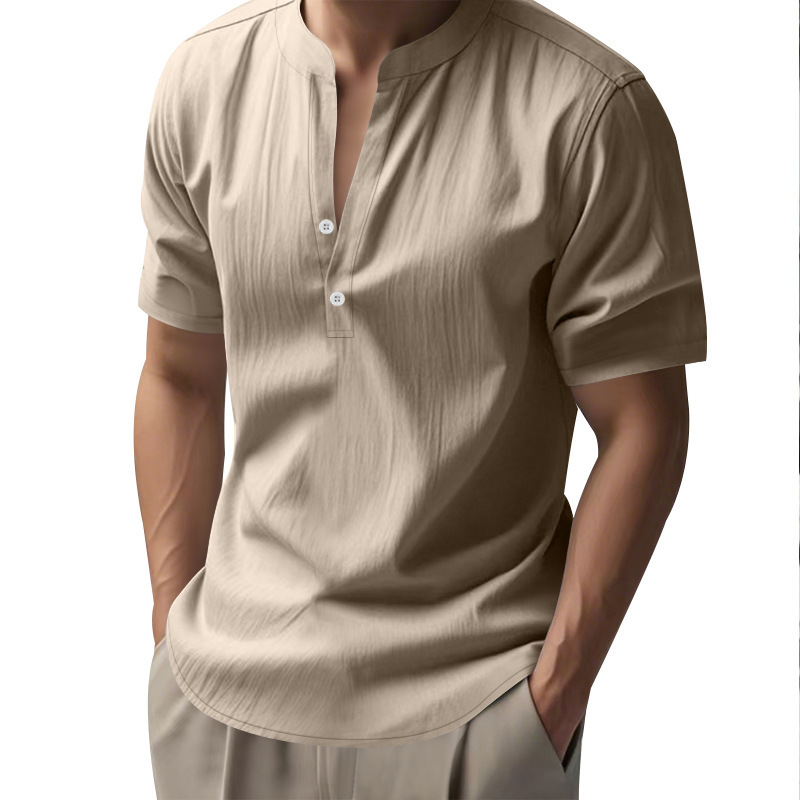 Camisa suelta casual de verano para hombres europeos y americanos, camisa de color sólido de lino de manga corta con cuello alto de moda para hombres