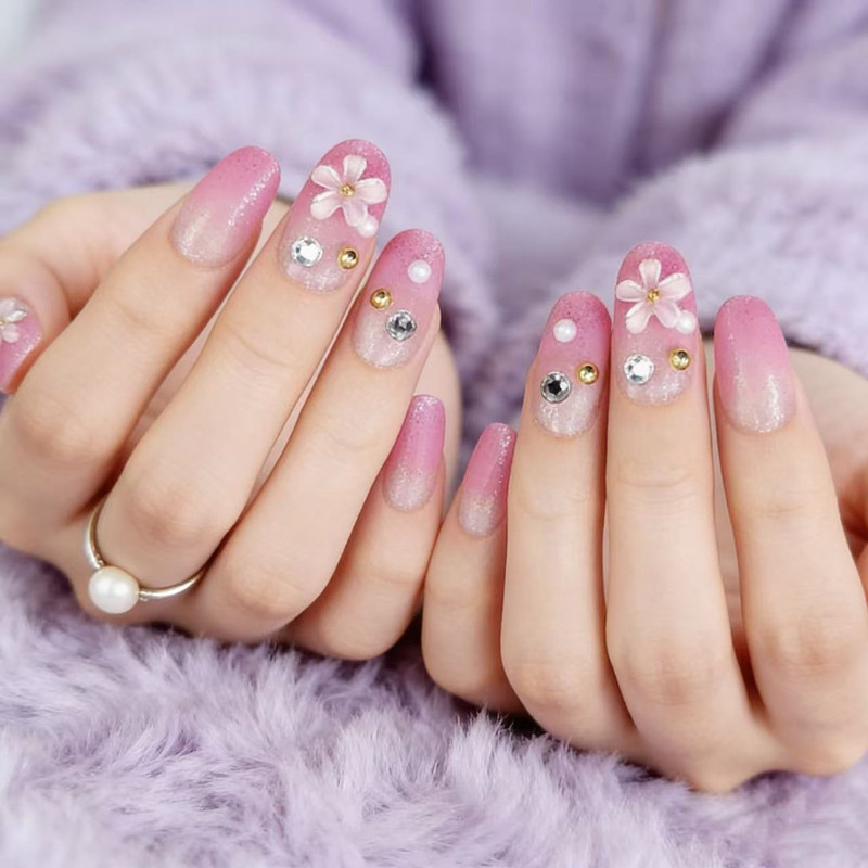 Pink handmade small flower bride nail patch fake nails finished Wedding Nails wholesale wearable removable belt nail art