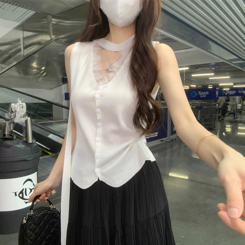 Lace Patchwork Ribbon Knit Vest for Women, New Summer Style, Sweet and Spicy Slim-Fit Cardigan Top, Direct from the Factory Lace Patchwork Ribbon Knit Vest for Women, New Summer Style, Sweet and Spicy Slim-Fit Cardigan Top, Direct from the Factory