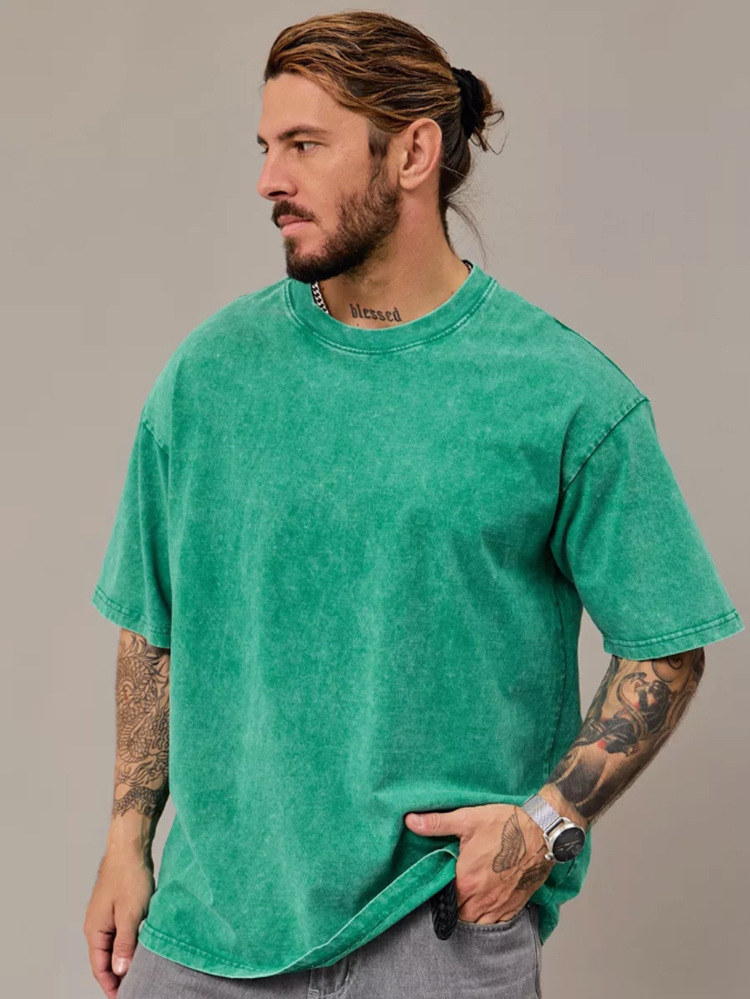 Cross-border hacer viejas camisetas de manga corta para hombres verano nuevo cuello redondo suelto oversize americano retro in camisas de moda