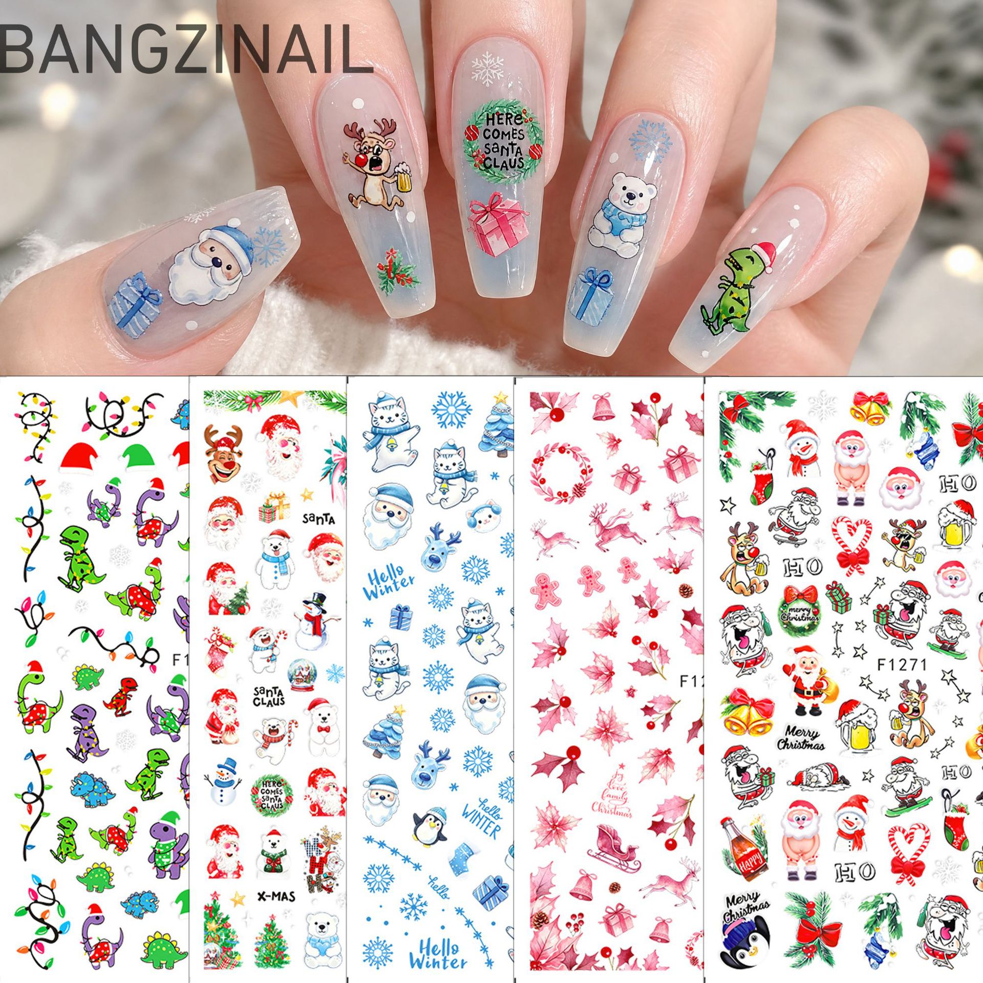 Christmas nail stickers, 3D Christmas series, featuring cartoon Santa Claus, little penguins, reindeer, and snowflakes