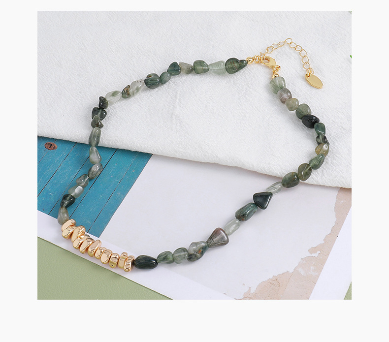 Linglang Natural Agate Beaded Necklace Retro Style 18K Gold-plated Collarbone Chain Natural Stone Jewelry