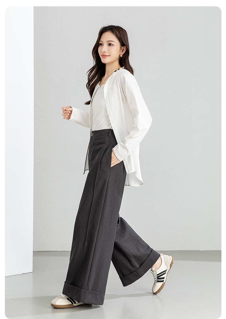 Quần culottes nữ ống rộng cạp cao chất liệu Tencel cotton, dáng suông rủ nhẹ — Xám gạo chi tiết 23