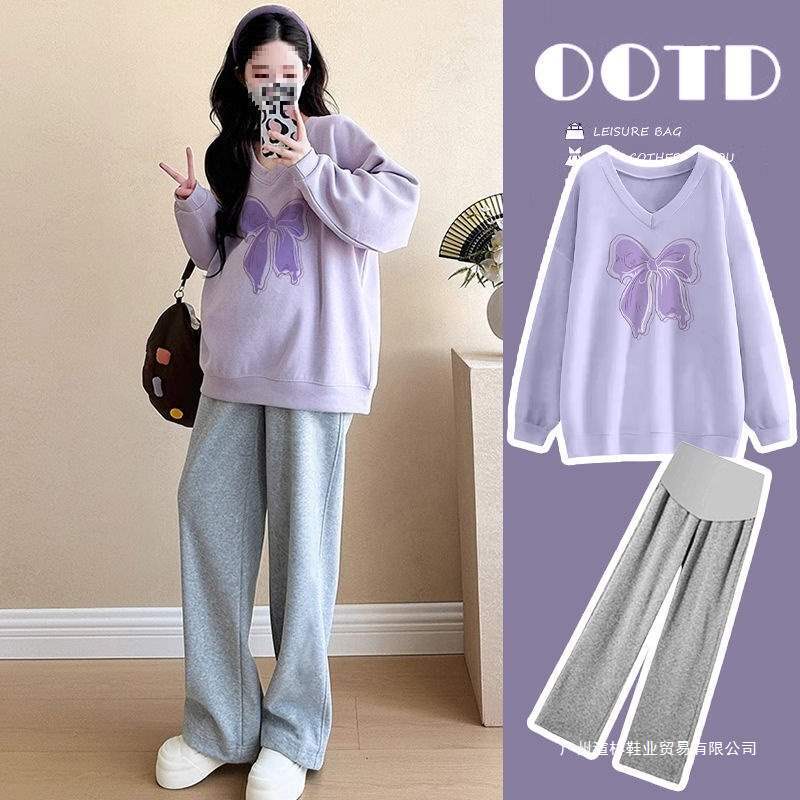 Maternity Spring and Autumn Outfit Set Fashion 2025 New Loose Casual Sweatshirt with Belly Support Wide-Leg Pants Two-Piece Set for Spring and Autumn