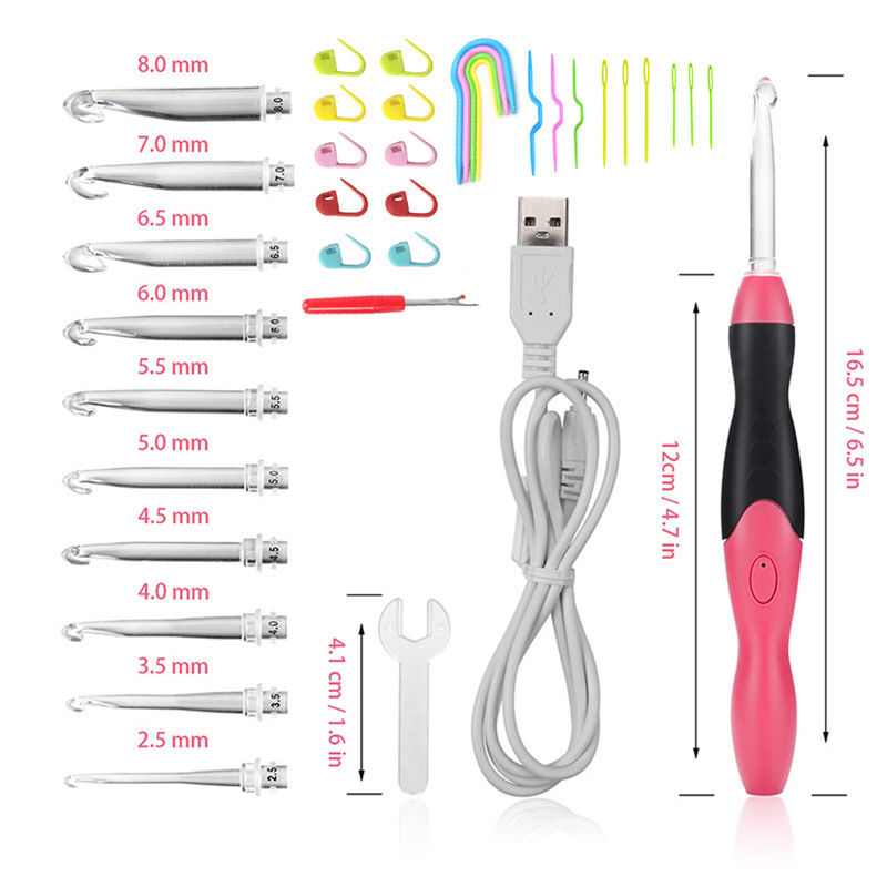 Bolsa de crochet con cambiador de cabezal de carga LED transfronterizo Juego de crochet luminoso Paquete de material de bricolaje de crochet 11 en 1 carga USB