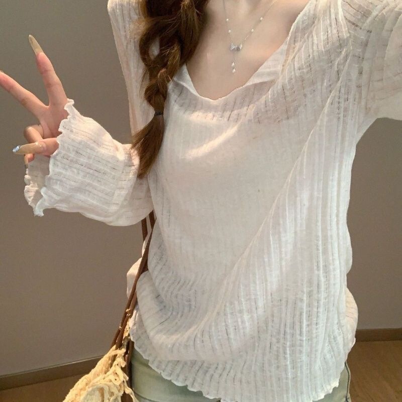 Summer Off-White Layered Sun-Protective Cover-Up T-Shirt Long-Sleeve V-Neck Korean Style Relaxed Simple Loose Slightly Sheer Top for Women