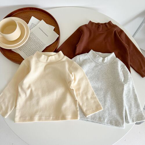 Infant T-shirt Spring and Autumn 2024 Infant and toddler baby clothes simple cotton long-sleeved top half collar solid color bottoming shirt