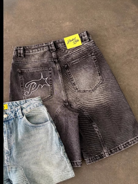 Europa y América Tren transfronterizo retro casual americano bordado callejero tendencia suelta Harajuku lavado mezclilla pantalones cortos verano