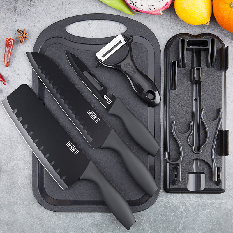 Juego de cuchillos de acero inoxidable para el hogar Juego de siete piezas Cuchillo de frutas de cocina de acero negro Cuchillo de cocina Juego de cuchillos Soporte para cuchillos de plástico Tablero de cortar