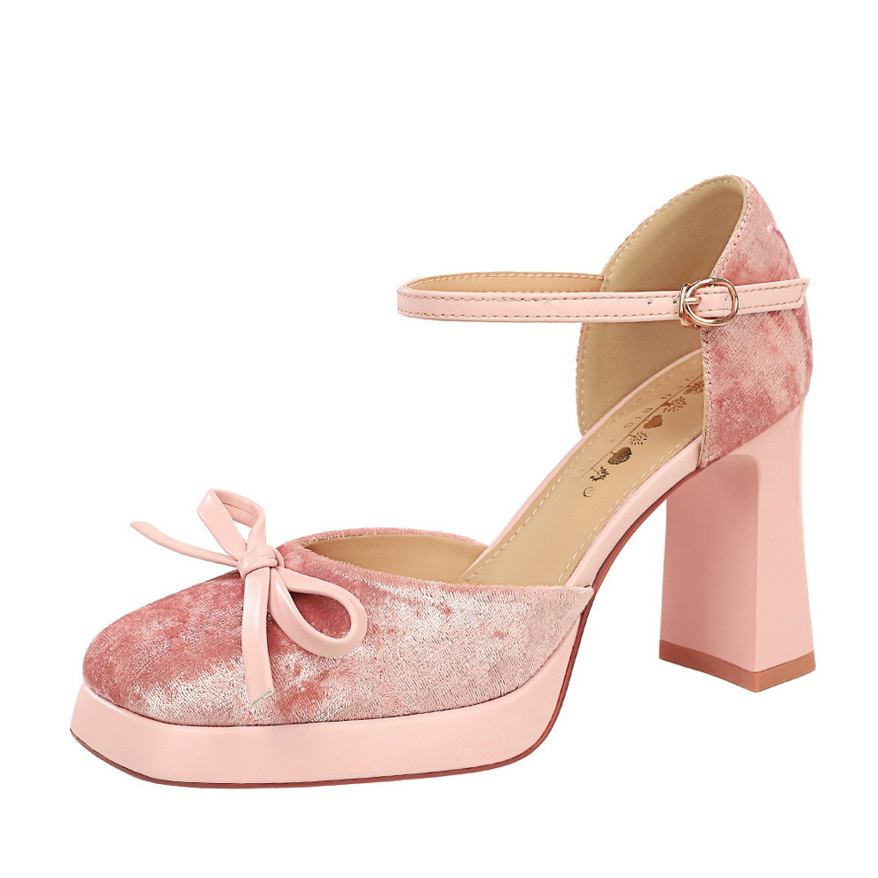 9899-H116 Women's Chunky Heel High Heels With Waterproof Platform, Suede Bow, Square Toe, Versatile Single Strap Hollow_vogvips.com