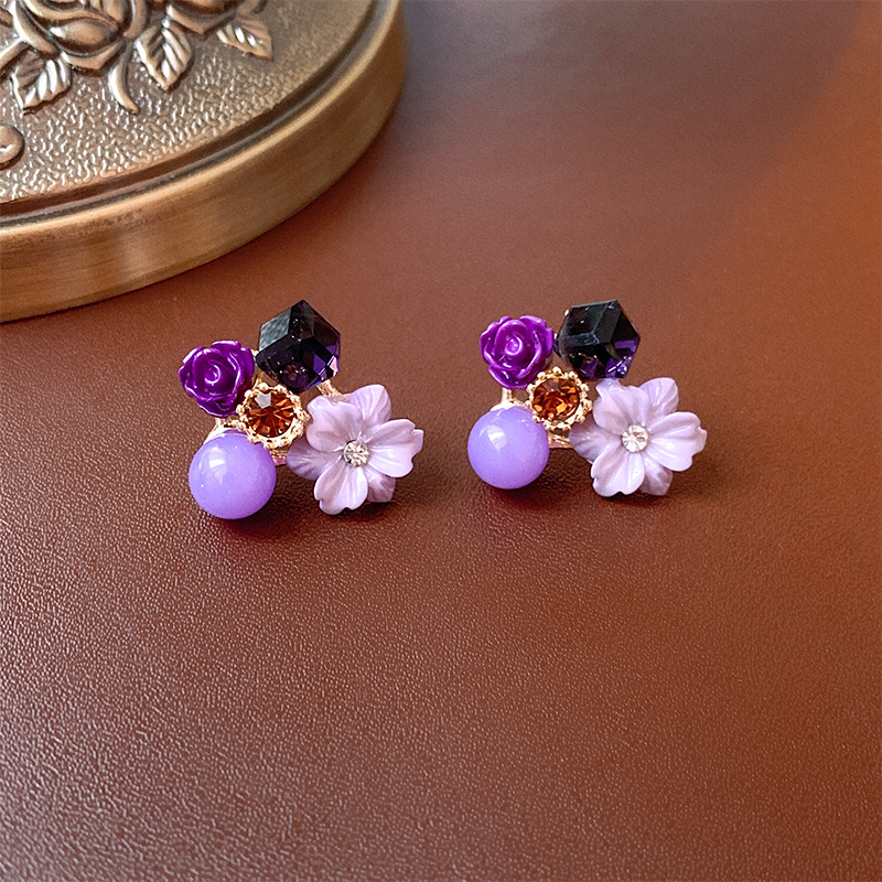 Rhinestones Inlay Material Ear Studs Classification 1 Pair Sweet Flower Plating Flowers Alloy Rhinestones Ear Studs