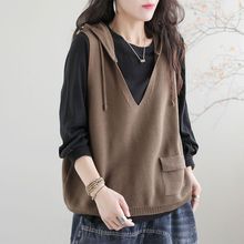 韩版复古新款马甲女2025秋冬针织衫毛衣连帽宽松休闲背心棉线外套