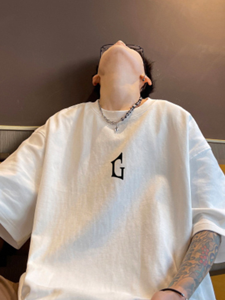 Marca de moda Otoño hombres de manga corta Camiseta de algodón de los hombres cuello redondo más tamaño de grasa suelta de manga corta azul oscuro 5 image 4