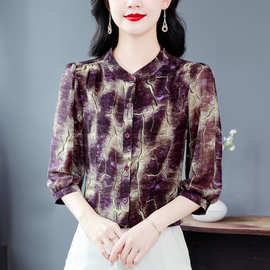 2025夏季新款减龄七分袖印花衬衫气质大码洋气女薄款真丝雪纺小衫