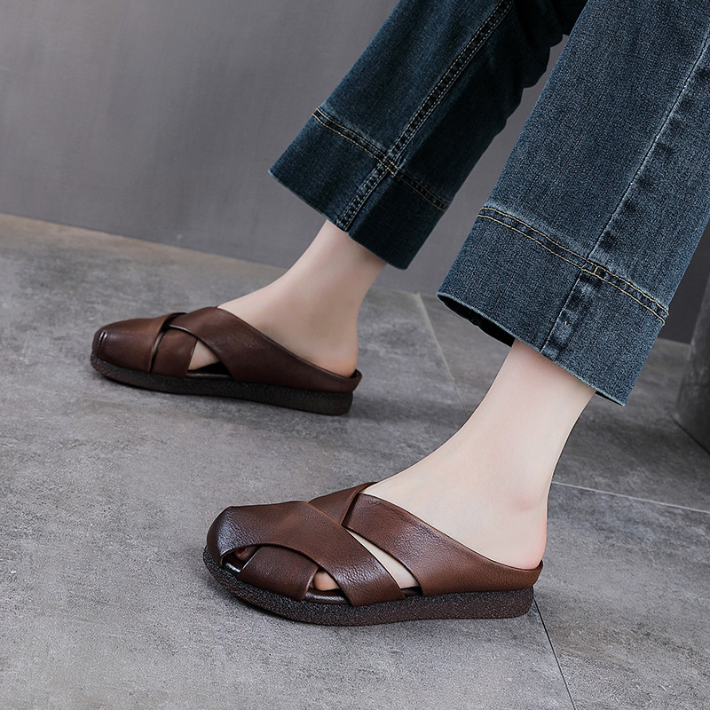 Dép sandal nữ bít mũi da bò thật đế bệt kiểu dáng điệu bộ — màu mơ