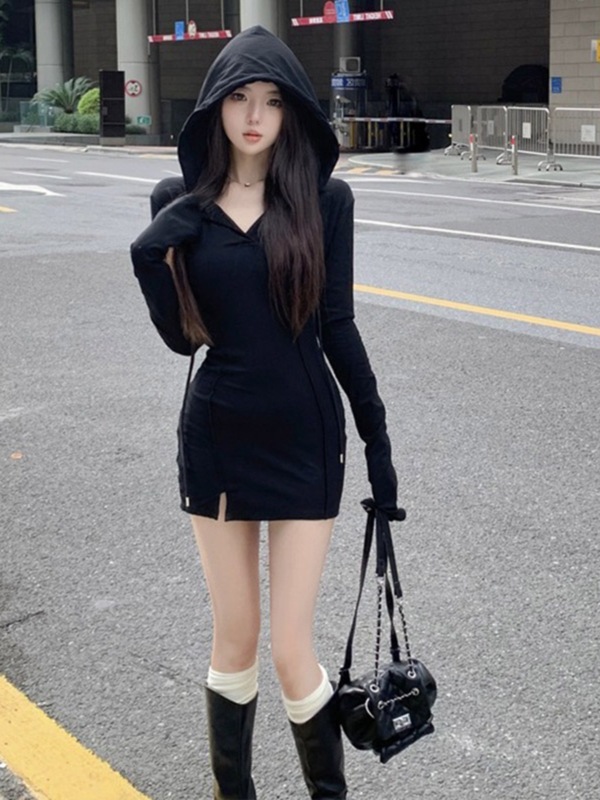 秋と冬の女性のためのセクシーなグレーのフード付き長袖ドレス、小柄なアンコレ着用、タイトなヒップカバーショートスカート|undefined