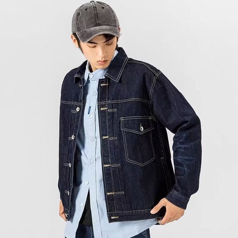 2023 Trendy Brand Hong Kong style jacket Denim coat spring, autumn and winter men's trendy tooling American retro black jacket
