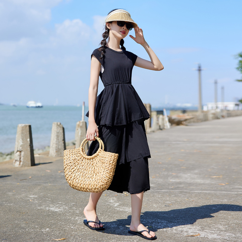 Ropa de estilo japonés para niños vestido negro de verano para niñas 2024 nueva falda de pastel para niños vestido de princesa para niñas de longitud media